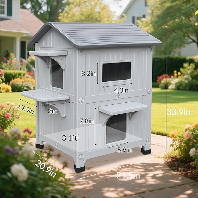 Weatherproof Outdoor Cat House with Insulated Liner for Feral Multi Cats, 2 Storey Insulated Elevated Cat Shelter with Escape Door, Easy Assemble, Expansive Interior‌, Grey 34" D x 21" W x 21.5" H