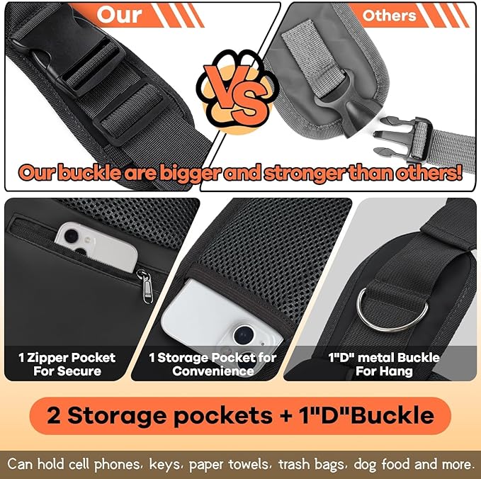 YUDODO Pet Sling Carrier for 5-9 lbs Small Dogs & Cats – Hands-Free Puppy Carrier with Safety Hook, Large Zipper Pocket, Soft Breathable Mesh, Adjustable Strap & Reflective Strip (Black 2.0 M)