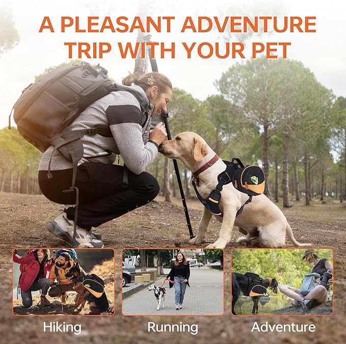 Dog Backpack for Medium & Large Dogs, Detachable Side Bags, Quick-Poop Bag Dispenser | No-Pull Adjustable Harness for Large-Chested Breeds | Non-Slip Handle for Hiking, Walking, Outdoor Adventures（M）