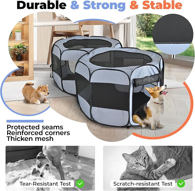 2-in-1 XLarge Pop Up Dog Playpen, Cat Puppy Pet Playpen, Indoor Outdoor Cats Enclosed, Cat Tent Crate Cage Kennel, Portable Playpen for Kitten and Small Animals(No Divider, Unified Space)