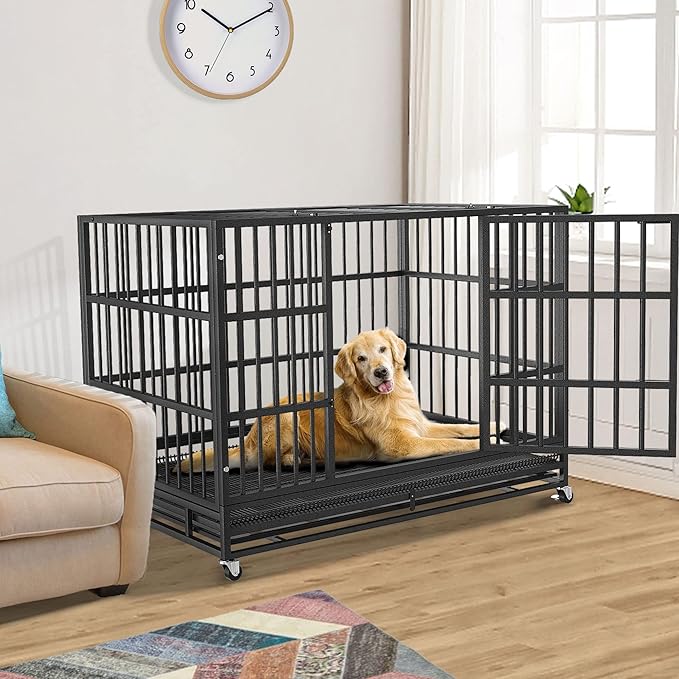 38 inch Heavy Duty Indestructible and Escape-Proof Dog Crate Cage Kennel for Large Dogs, High Anxiety Dog Crate with Removable Wire Trays and Wheels, Extra Large XL XXL, Black