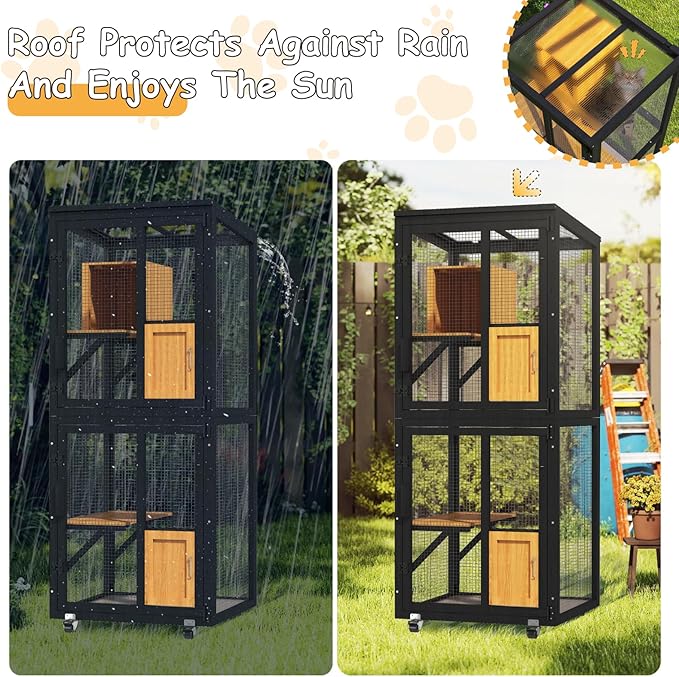 2 in 1 Catio Outdoor Cat Enclosure, 4 Tier Outdoor Cats House with 4 Wheels, Cat Enclosure Window Access with Removable Floor, Upgraded Resting Box, Waterproof Roof, Indoor Pet Cage, Black