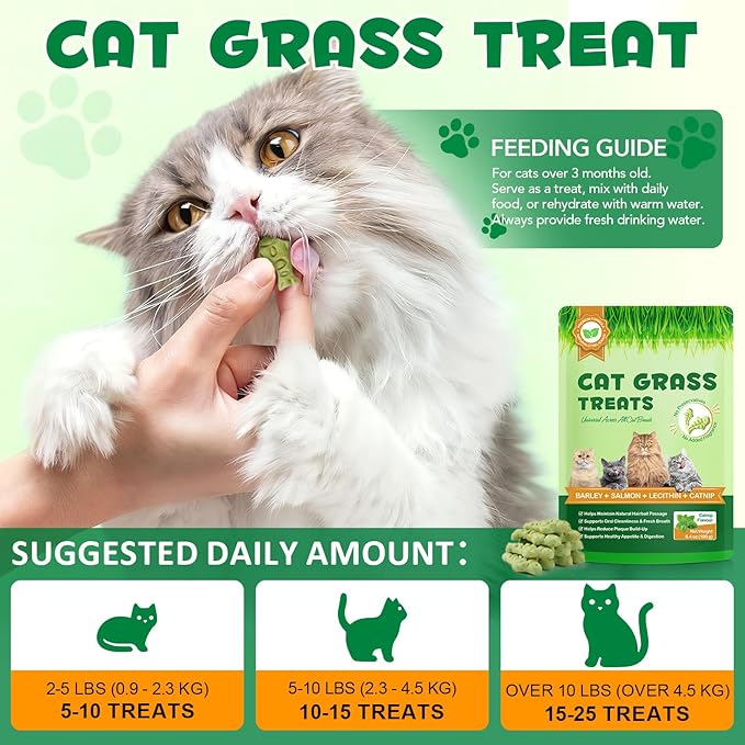 Cat Grass Treats 180g (6.35oz), Catnip Treats for Cats - Hairball Aid & Dental Care Snacks, Natural Fiber for Digestion, Crunchy Teeth Cleaning, No Artificial Additives, All Life Stages