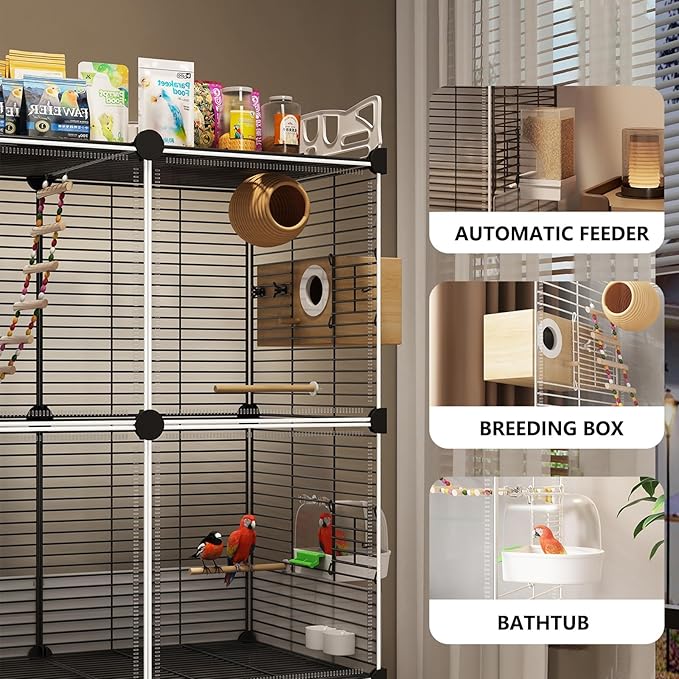 Large Parrot Cage with Acrylic Doors, 4 Casters, Perch & Feeder, Detachable Drawer, Ideal for Cockatiels, Budgies, Conures, Indoor/Outdoor Use – Spacious White Birdcage (Black, 72 * 36 * 142)