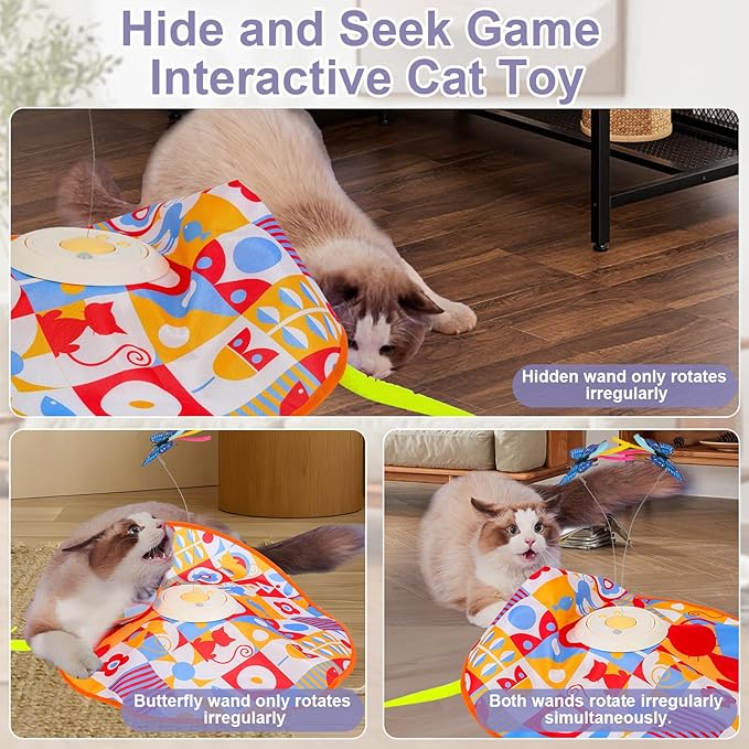 Wn's Day Rechargeable Cat Toys,Hide and Seek Game Interactive Cat Toys for Indoor Cats,Moving Wand Feather Cat Stimulation Toys,Touch Activated Cat Enrichment Toys for Bored Indoor Adult Cats(Yellow)