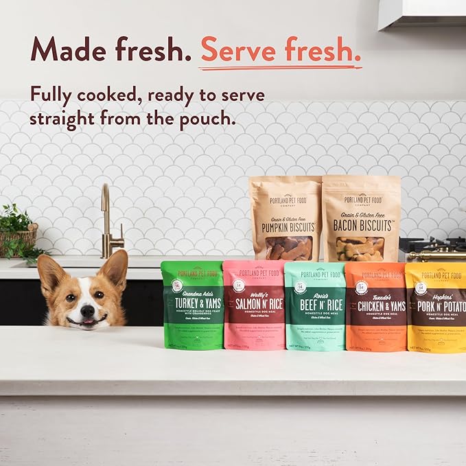 Portland Pet Food Company Fresh Dog Food Pouches - Human-Grade Toppers Wet Pet Meal & Mixers - Gluten-Free Limited Ingredient Tuxedo’s Chicken & Yams - Large & Small Breed Puppy & Senior Dogs - 8 Pack