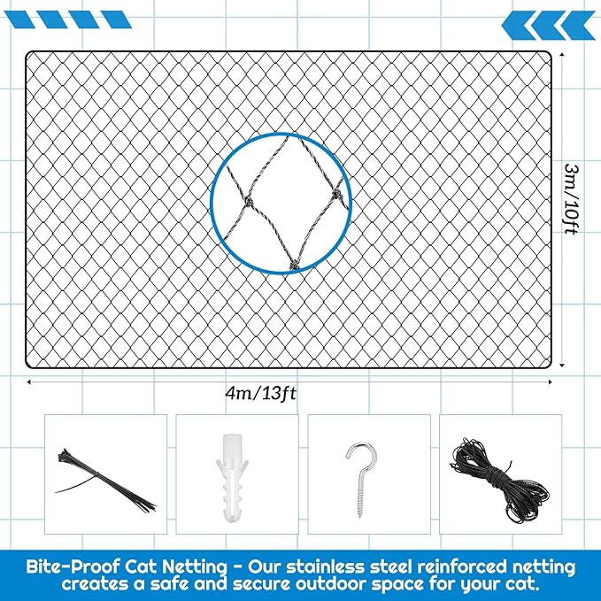 Steel Cat Netting Balcony, 10ft x 13ft Steel Reinforced Cat Wire for Balcony, High Strength Safety Pet Netting for Catio, Proof Screen for Pets, Strong Catio Protection Barrier Mesh Fence