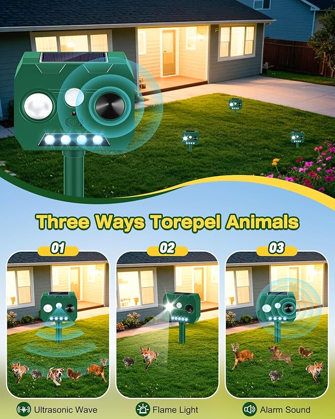 Solar Ultrasonic Animal Repellent Outdoor, 2 Pack Cat Repellent Outdoor Deer Repellent Devices with PIR Motion Sensor ＆ LED Flash, Waterproof Squirrel Repeller, Cat, Raccoons, Rabbits, Deer, Skunk