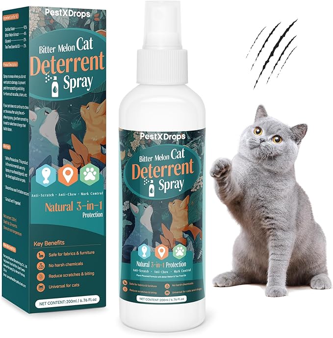 Natural Cat Deterrent Spray, Cat Repellent Spray for Indoor Use, Safely Stops Furniture Scratching, Urine Marking, Pee Everywhere, Plant Chewing, Cat Training Spray for Sofa, Rugs, Chairs, 150ml