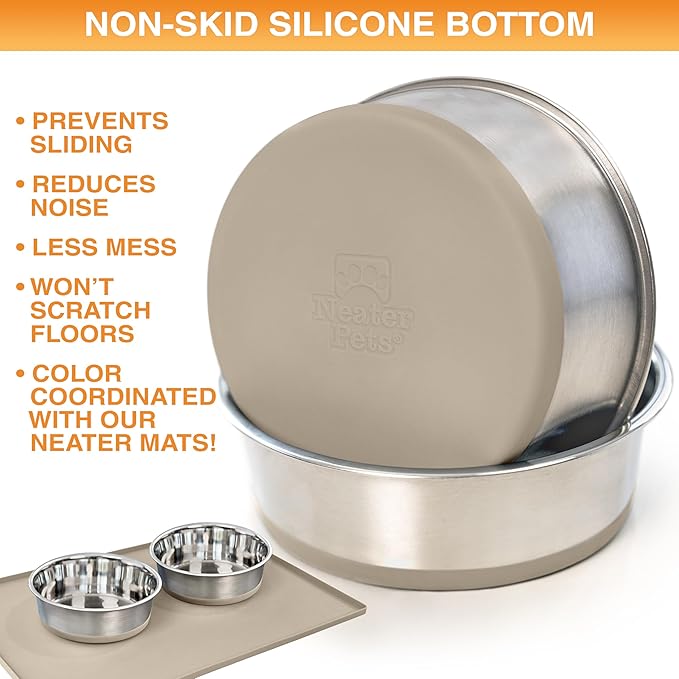 Neater Pet Brands Stainless Steel Dog Bowls with Non-Slip Rubber Bottom – 2 Cup (16 oz), Tan - Set of 2 Heavy Duty Metal Dog Bowls, Dishwasher Safe, Food or Water Bowl, Ideal for Small Dogs & Cats