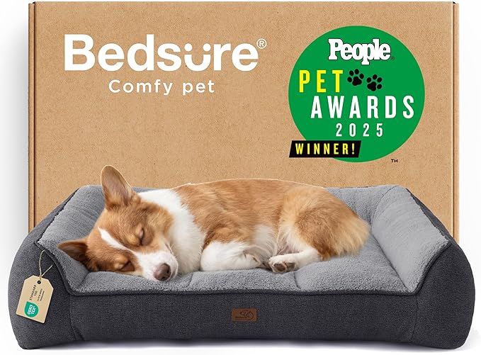 Bedsure SupportMax Orthopedic Dog Bed Medium Size Dog - Extra Thick Supportive Medium Dogs Beds with Waterproof Washable Cover, Comfort Pet Bed Sofa with Soft Sherpa and Nonskid Bottom, Grey, 35"
