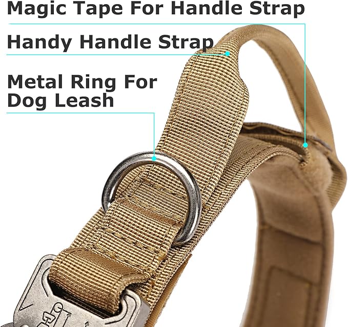 Dog Tactical Collar Military Dog Training Collar Control Handle and Heavy Metal Buckle for Medimum Large Dog Training Behavior Aids Brown M