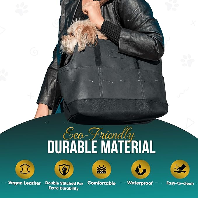 Faux Leather Dog Carrier for Small Dogs, Water-Resistant Designer Dog Purse with Safety Harness, Fashion Pet Carrier for Dogs 5-15 lbs, Luxury Dog Shoulder Carrier, Black