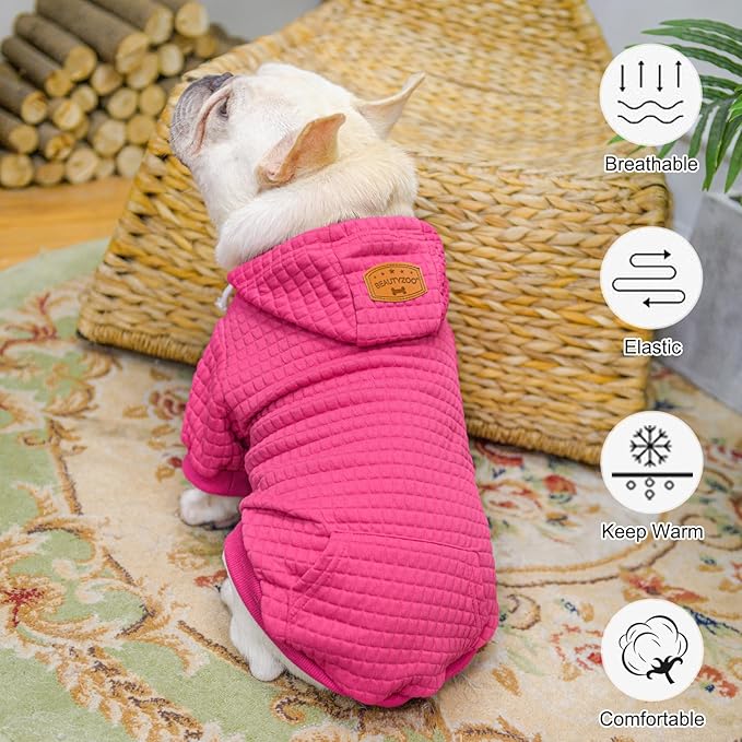 BEAUTYZOO Medium Dog Hoodie Sweater with Pockets, Dog Clothes for Small Medium Dogs Boy Girl, Waffle-Like Laminated Cotton Pet Coats with Hat and Leash Hole, Rose Pink XL