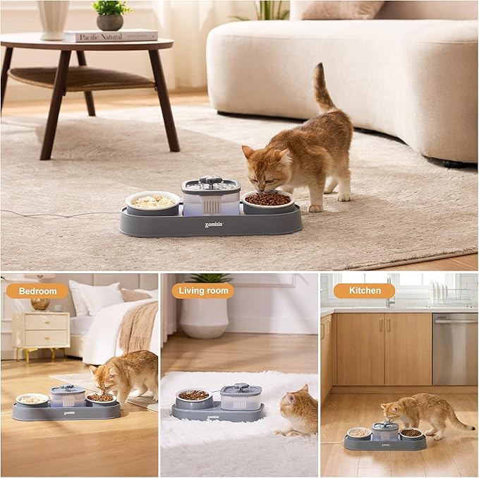 Cat Water Fountain and 1 Ceramic Food Bowl - 2 in 1 Ultra Quiet Automatic Pet Food and Water Bowl Set for Kitty, Gray (No Adapter)