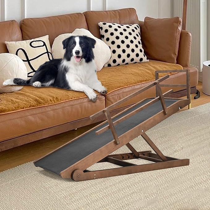 Dog Ramp for Bed, Adjustable Pet Ramps for Dog to Get on Bed, Non-Slip Rubber Surface - Folding Wooden Dog Ramp for Small/Large/Old Dogs, Adjustable up to 23.5 inch High Beds, Safety Railings