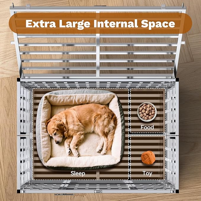 37" Heavy Duty Dog Crate, Escape Proof Stainless Steel Dog Kennel with Top Opening, 4 Lockable Wheels, Easy Clean Metal Dog Cage for Medium-Large/Anxious Dogs