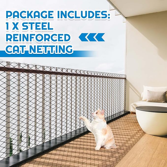 Steel Cat Netting Balcony, 10ft x 26ft Steel Reinforced Cat Wire for Balcony, High Strength Safety Pet Netting for Catio, Proof Screen for Pets, Strong Catio Protection Barrier Mesh Fence