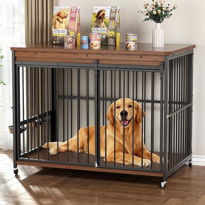 Dog Crate Furniture, 47’’ Wooden Dog Kennel Indoor with Sliding Front Door, Multi-Side Openings & Feeding Window Pet Cage House as TV Stand(Brown)