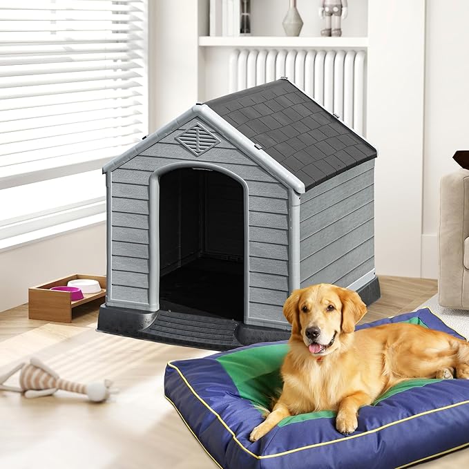 DWVO Plastic Dog House, Weatherproof Outdoor/Indoor Doghouse, Puppy Kennel with Air Vents and Elevated Floor