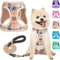 BEAUTYZOO Small Dog Harness and Leash Set,Step in No Choke No Pull Soft Mesh Dog Harnesses Reflective for Extra Small Medium Puppy Dogs and Cats, Plaid Dog Vest Harness for XS S Pets, Beige S