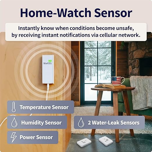 MarCELL Home/Cottage Watch Bundle (Verizon) - Vacation Home Temperature Monitor, Humidity & Power Monitor - Made in The USA with Included Water Leak Detectors (sPucks) - 24/7 Instant Alerts