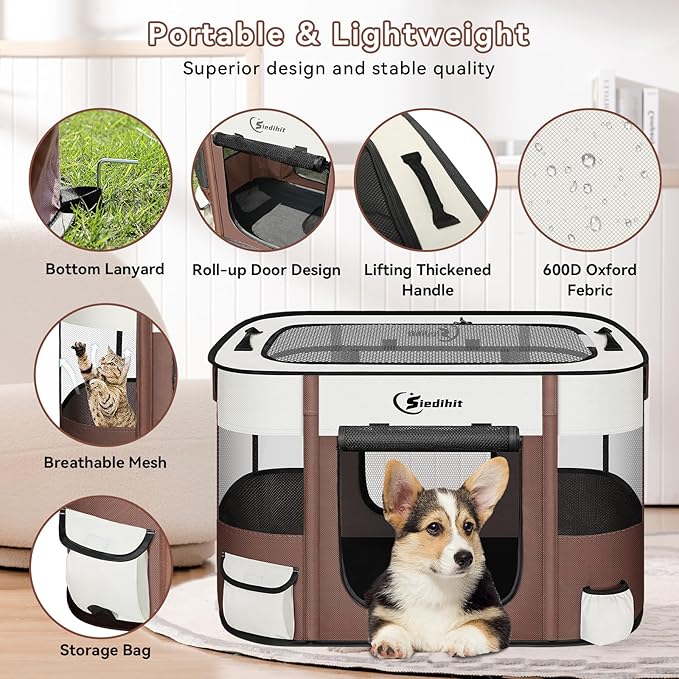 Dog Playpen,Cat Pet Puppy Pen,Portable Playpens for Dogs Indoor Outdoor Travel Camping Use,Foldable Dog Kennel Tent Crate for Rabbit Small Animals with Carrying Case (Brown, Large)