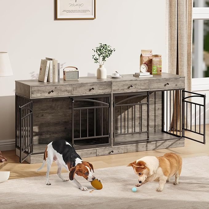 GAOMON Dog Crate Furniture for 2 Dogs, 78.7'' Large Dog Kennel Indoor with 4 Storage Drawers and Feeding Bowls, Double Dog Crate TV Stand for Small and Medium Dogs, Gray