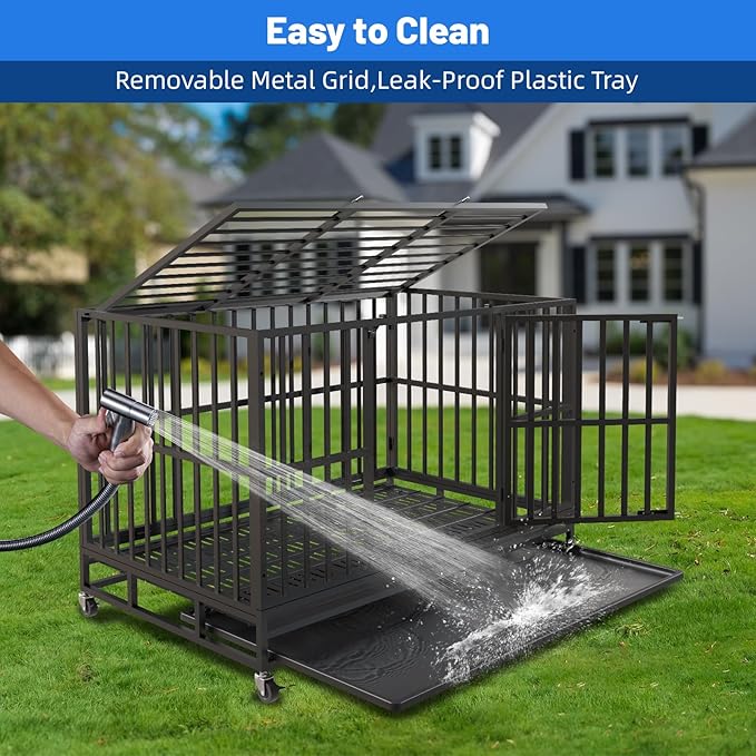 42 Inch Heavy Duty Indestructible Dog Crate, XL Steel Escape-Proof Kennel for Large Dogs, Double Door Design with 4 Locking Wheels & Reinforced Baseplate, Ideal for High-Anxiety Dogs