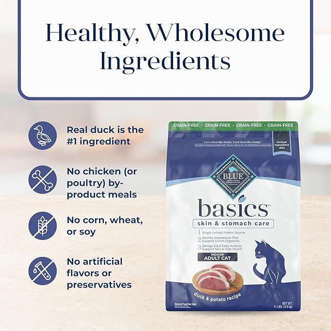 Blue Buffalo Basics Grain-Free Dry Cat Food, Skin & Stomach Care, Limited Ingredient Diet for Indoor Cats, Duck & Potato Recipe, 11-lb. Bag