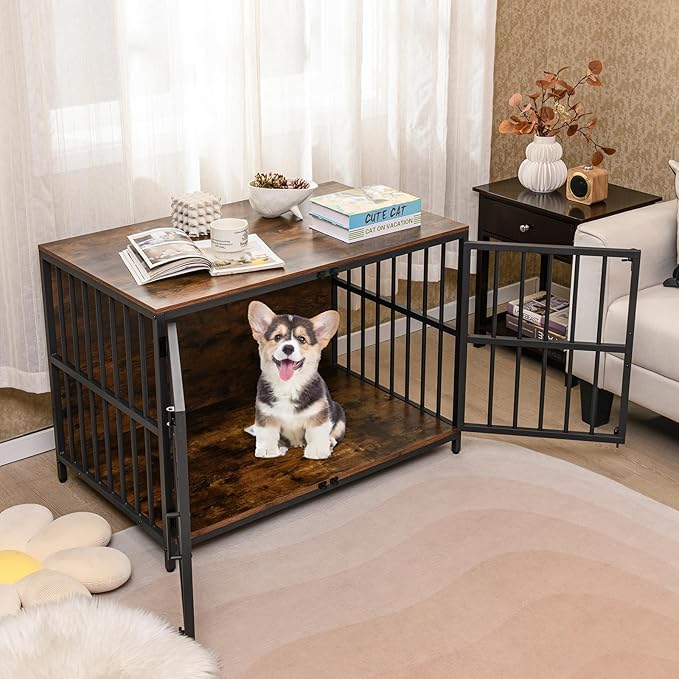 PETSITE 40 Inch Industrial Dog Crate Furniture, Heavy Duty Wooden Dog Kennel with Double Lockable Doors, Decorative Dog Cage End Side Table for Small and Medium Sized Dogs (Rustic Brown)