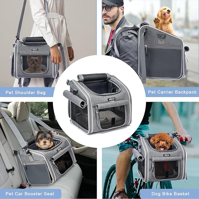 Dog Bike Basket, Expandable Soft-Sided Pet Carrier Backpack with 4 Open Doors, 4 Mesh Windows for Small Dog Cat Puppies-Grey