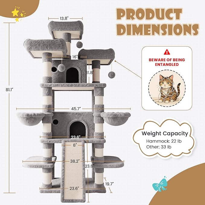 SHA CERLIN 81 Inches Extra Large Cat Tree for Indoor Adult Cats/XXL Big Cat Tower with Condo/Cozy Perches/Sisal Scratching Posts and Hammocks/Activity Center/F80/Heavy Duty/Grey