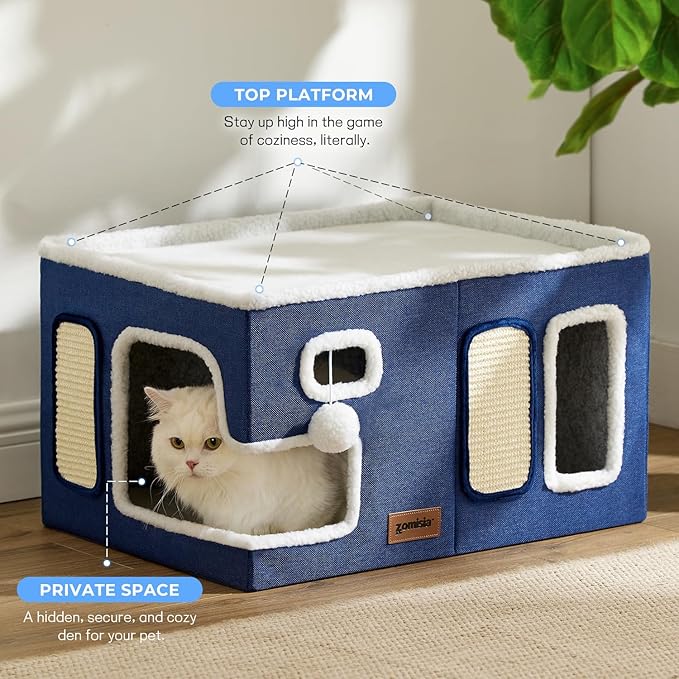Extra-Wide Cat House for Indoor Cats - Large Cat House for Pet with Fluffy Ball Hanging and Scratch Pad, Foldable Cat Hideaway for Multi Cats, 23x16.5x13 inches, Navy