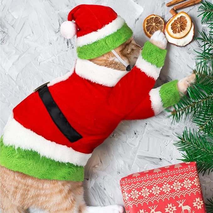 Cat Christmas Costume Lime Green Character Pet Outfit Holiday Green Furry Pet Velvet Costume Cosplay Outfit Cute Funny Christmas Dogs and Cats Clothes for Party Favors(Large)