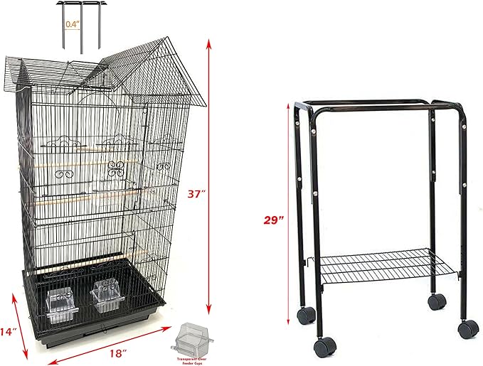 Large Canary Parakeet Cockatiel Lovebird Finch Roof Top Bird Cage with Stand -18"x14"x63" (Black with Toy)