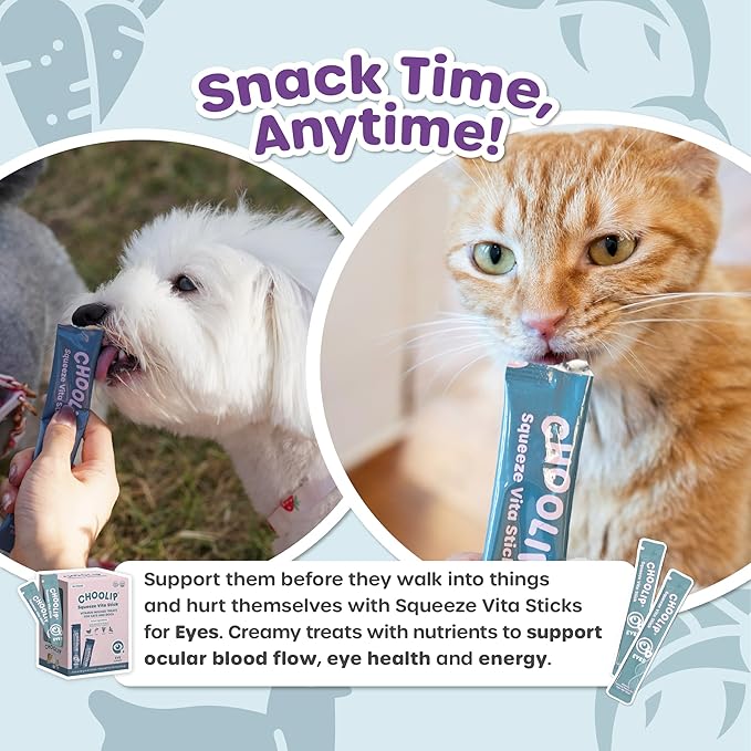 Choolip Squeeze Vita Stick Lickable Cat and Dog Treats, 49-Count Eye Support Variety Pack, Chicken and Tuna with Lutein, Omega-3 and Grapeseed Extract