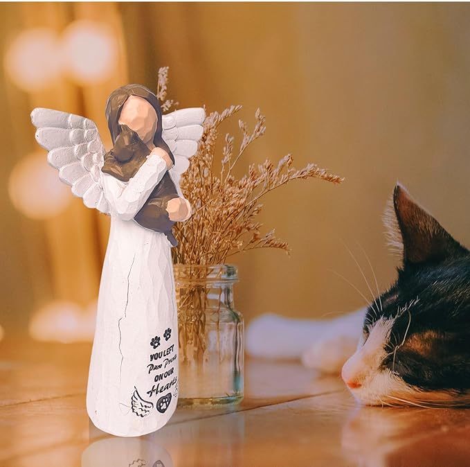 Brown Cat Memorial Angel Statue, Polyresin, Contemporary Religious Style, Tabletop, Handcrafted with Intricate Detailing, Pet Memorial Products, Sculpture