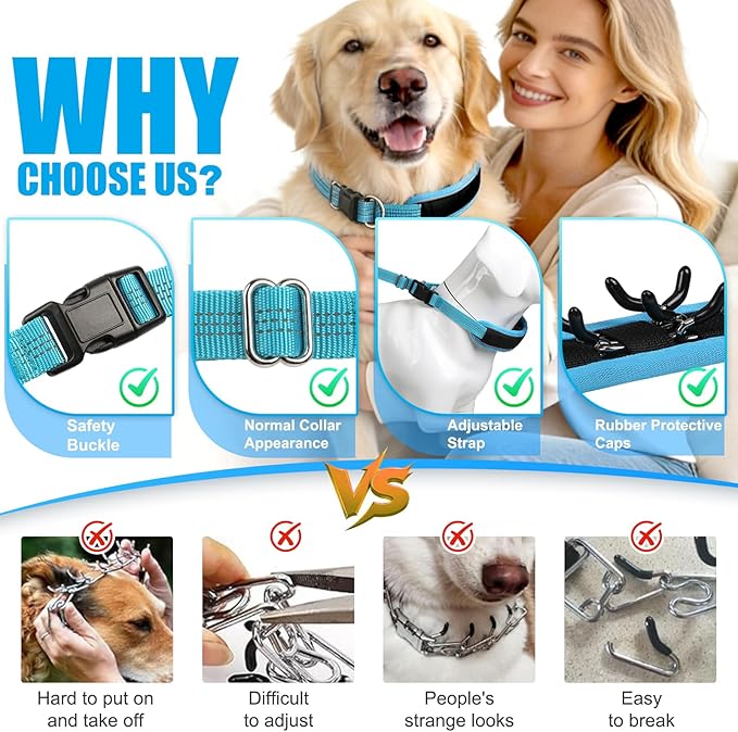 Lightweight Prong Collar for Dogs, Reflective No Pull Dog Collar | Adjustable Size Dog Pinch, Breathable Woven Fabric Air Grid Technology, Martingale Collar for Dogs Training(Blue-M)
