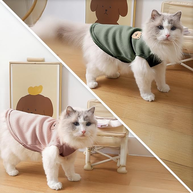 Waffle Knit Cat & Dog T Shirt for Small Dogs, Stretchable Puppy Shirt for Sphynx Cats & Small Breeds, Pet Clothes | Breathable Summer/Winter Apparel for Newborn(2PCS Medium)