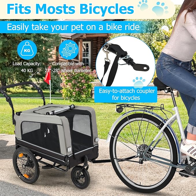 Foldable Pet Bike Trailer for Dogs up to 88 lbs – Universal Hitch Bicycle Carrier with Shock‑Absorbing Tires, Mesh Ventilation & Quick‑Release Wheels (55″/57″)