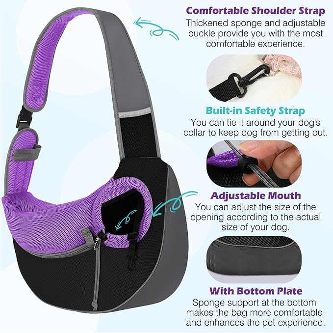 Pawaboo Dog Sling Carrier, Hand Free Breathable Mesh Bag for Puppy Cat, Drawstring Dog Papoose with Adjustable Strap and Pocket, Crossbody Satchel Dogs Purse for Outdoor Travel, L, Deep Purple