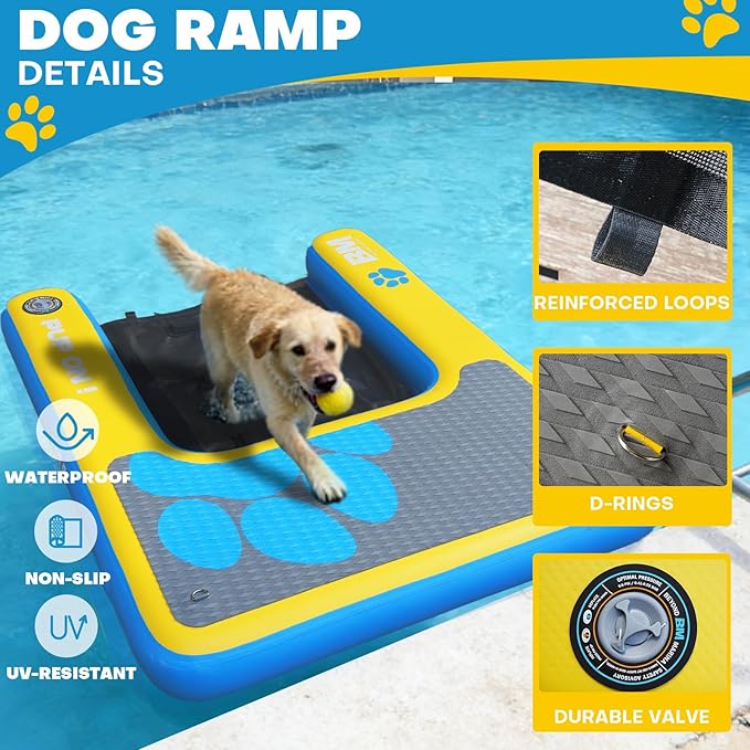 Beyond Marina Dog Pool Ramp - PUP ON! Inflatable Dog Water & Boat Ramp for Lake & Dock, Floating Pontoon Dock Ladder with Non-Slip EVA Platform, Extra Large 5 ft x 4 ft, Blue/Yellow, Supports 230 lbs