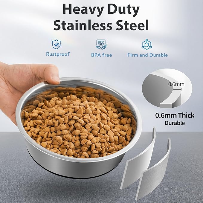 Stainless Steel Dog Bowls Set of 2, Anti Rust Metal & Non Slip Rubber Base, Heavy Duty Large Feeding Dishes, Food Grade BPA Free, Food and Water Bowl for Meduim Dogs (64oz, 8cup)