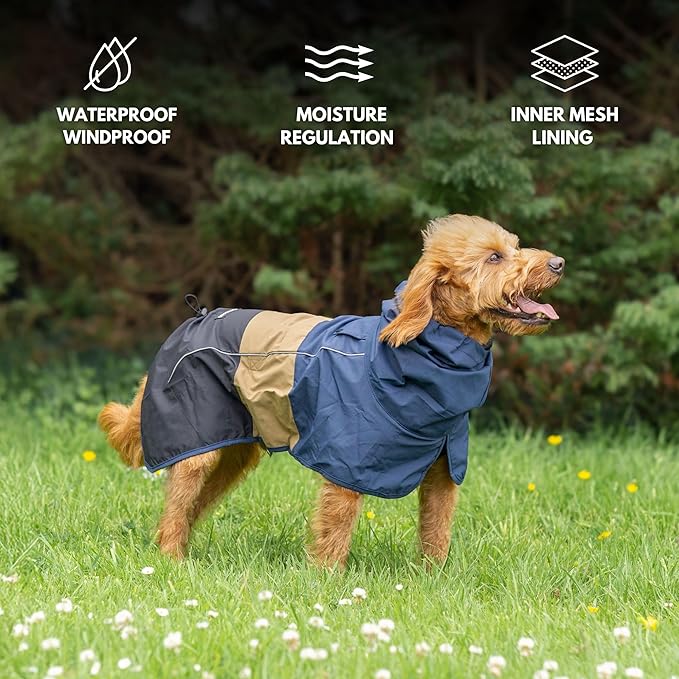 Spark Paws Dog Raincoat, Waterproof Windproof Rain Jacket, for Small Medium Large Extra Large Dogs, Reflective Breathable Full-Body Coverage Dry Suit - Blue Gold Black - 2XL