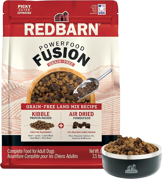 Redbarn Powerfood Fusion Air Dried Kibble Blend – Grain Free Land Beef Lamb Recipe – Made in USA Adult Dry Dog Food with Superfoods, Prebiotics, Postbiotics - 3.5lb Bag