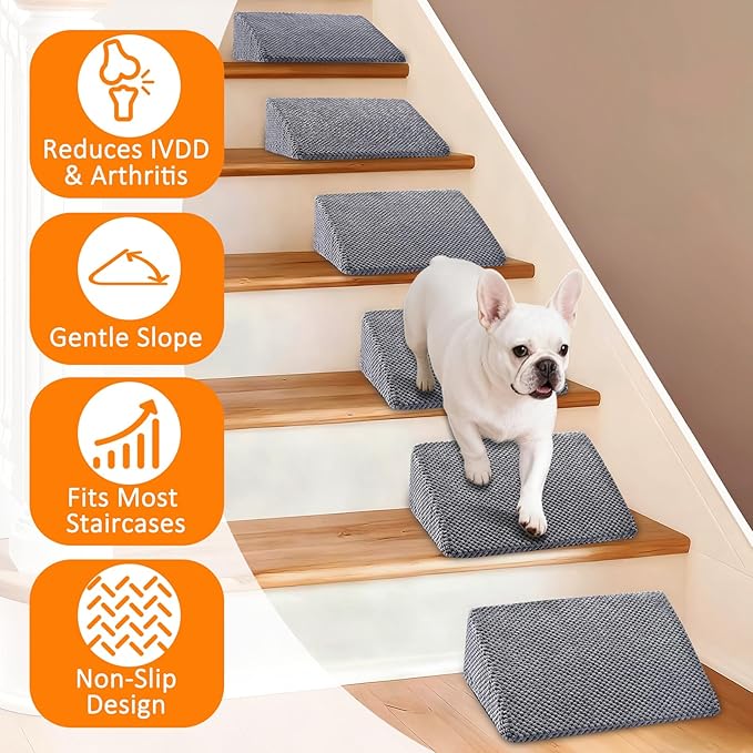 Dog Ramp for Stairs for Small & Senior Dogs and Cats – Non-Slip Stair Wedges for Dogs with Gentle Slope, Pet Ramp with Washable Cover & Self-Sticky Pads for Safe Climbing (Gray, 2 Pack)