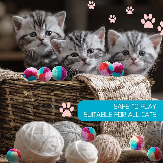 1.2 in Colorful Cat Pom Pom Ball Toys, 20 Pcs Rainbow Cat Toy Balls Soft Plush Cat Ball Interactive Training Ball for Indoor Cats & Kittens