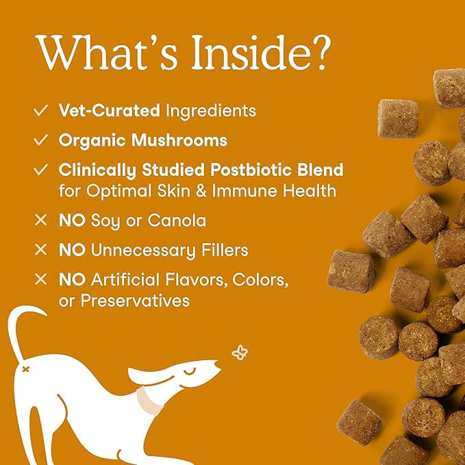 Fera Pets Dog Allergy and Immune Support with Organic Mushrooms, Postbiotics & Colostrum - Promotes Skin & Gut Health - Soothes Seasonal Allergy Symptoms - 30 Soft Chews