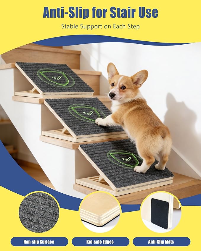 Dog Ramp for Stairs, 2 Pack Wooden Pet Steps for Small Dogs, Foldable Anti-Slip Stair Ramp for Senior, Short-Legged & Injured Pets, Adjustable Low-Angle Dog Stair Wedge